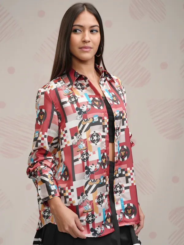 Disney By Tokyo Talkies Women Maroon Mickey Mouse Printed Casual Shirt