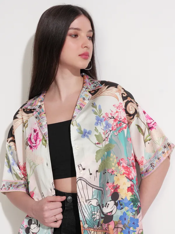 Disney By Tokyo Talkies Women White Mickey & Friends Printed Casual Shirt