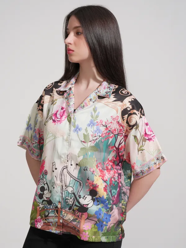 Disney By Tokyo Talkies Women White Mickey & Friends Printed Casual Shirt