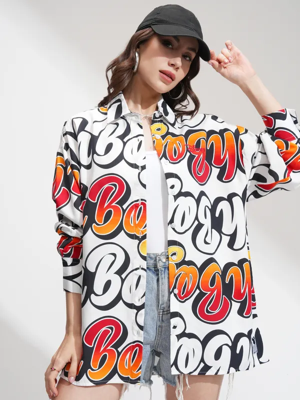 Mickey Verbiage Women Printed Oversized Fit Casual Shirt