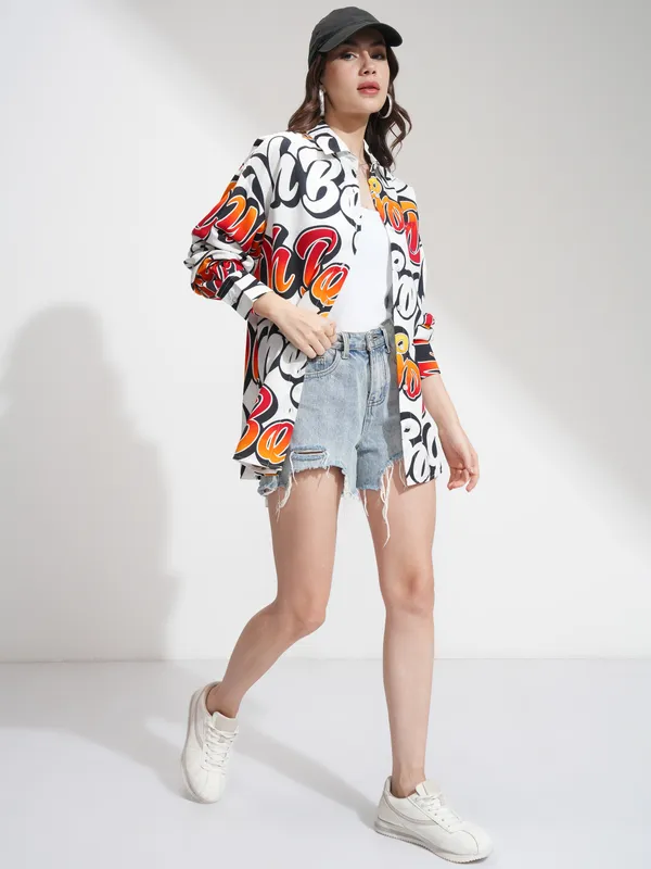 Mickey Verbiage Women Printed Oversized Fit Casual Shirt
