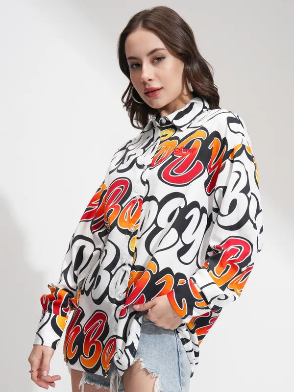 Mickey Verbiage Women Printed Oversized Fit Casual Shirt