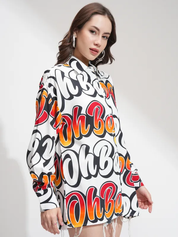 Mickey Verbiage Women Printed Oversized Fit Casual Shirt