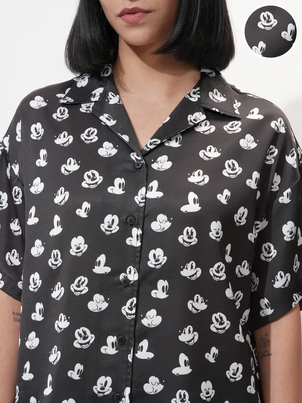 Disney By Tokyo Talkies Women Black Mickey Mouse Printed Casual Shirt