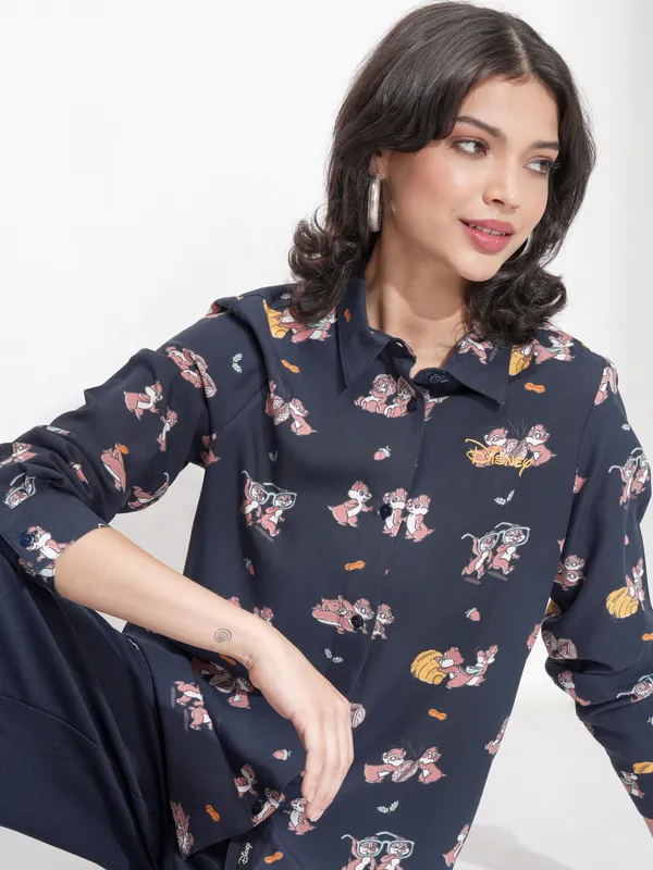 Disney By Tokyo Talkies Women Navy Blue Chip And Dale Printed Casual Shirt