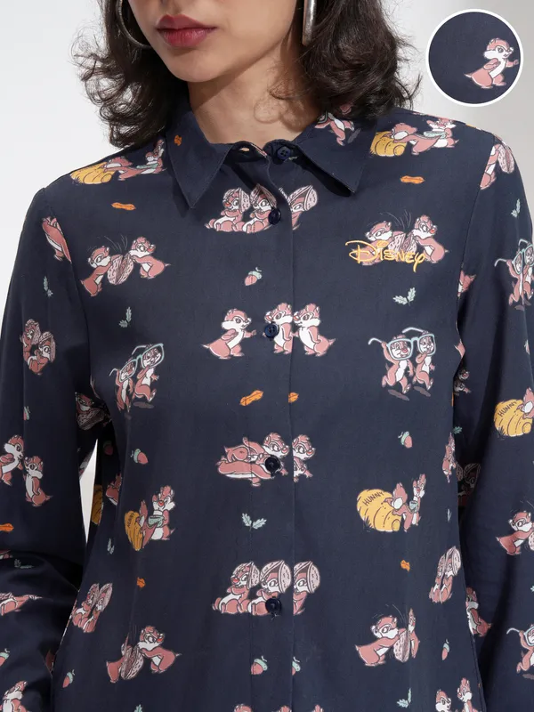 Disney By Tokyo Talkies Women Navy Blue Chip And Dale Printed Casual Shirt
