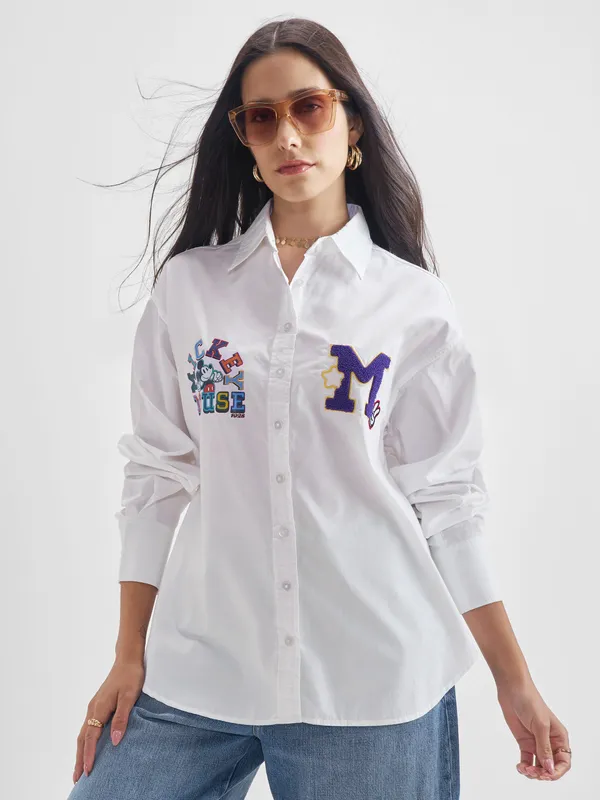 Disney By Tokyo Talkies Women White Mickey Mouse Printed Casual Shirt