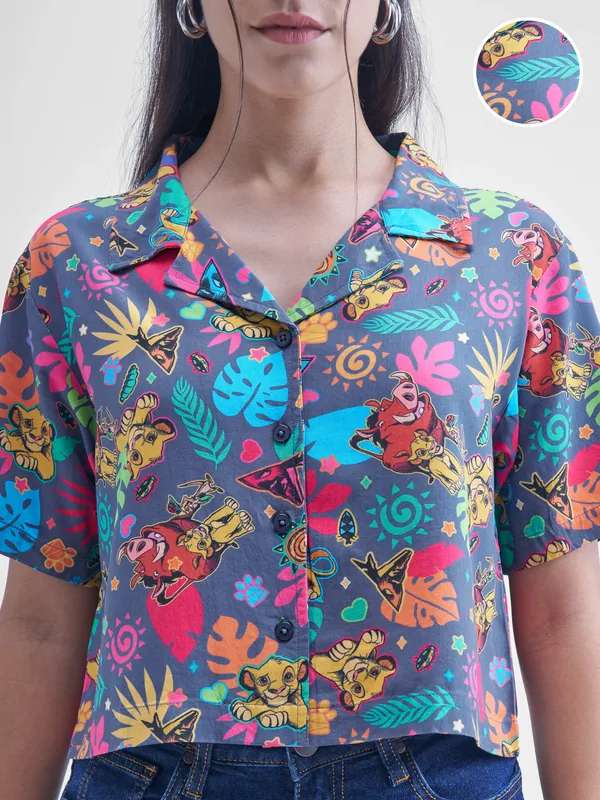 Disney By Tokyo Talkies Women Navy Blue Lion King Simba Printed casual shirts