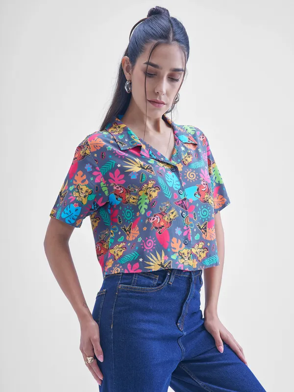 Disney By Tokyo Talkies Women Navy Blue Lion King Simba Printed casual shirts