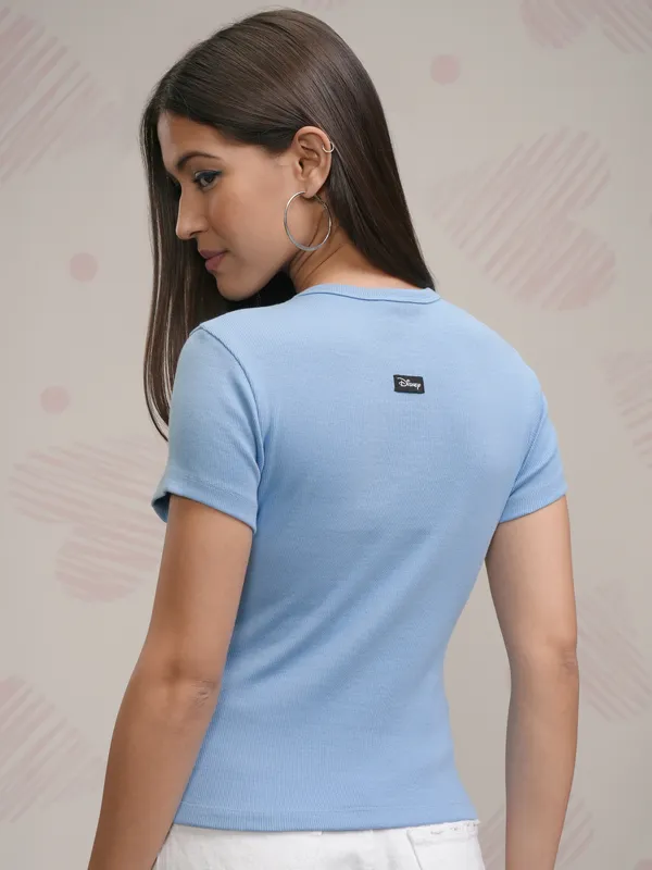 Disney By Tokyo Talkies Women Blue Minnie Mouse Embroidered Round Neck T-Shirt