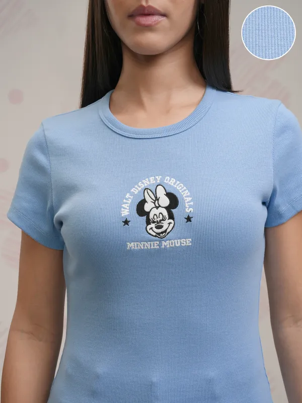 Disney By Tokyo Talkies Women Blue Minnie Mouse Embroidered Round Neck T-Shirt