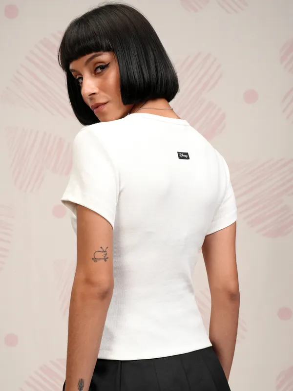 Disney By Tokyo Talkies Women White Minnie Mouse Embroidered Round Neck T-Shirt