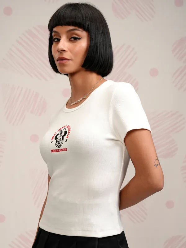 Disney By Tokyo Talkies Women White Minnie Mouse Embroidered Round Neck T-Shirt