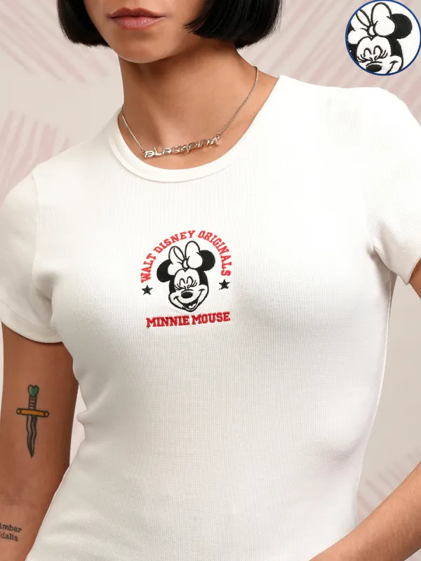 Disney By Tokyo Talkies Women White Minnie Mouse Embroidered Round Neck T-Shirt