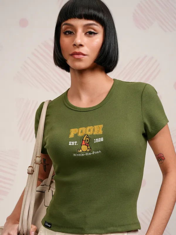 Disney By Tokyo Talkies Women Olive Winnie The Pooh Embroidered Round Neck T-Shirt
