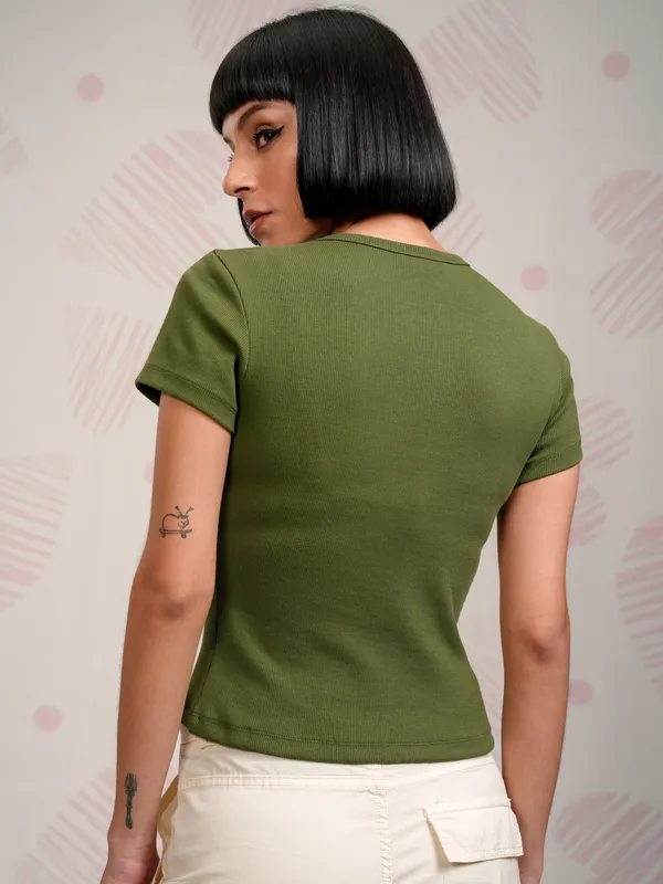 Disney By Tokyo Talkies Women Olive Winnie The Pooh Embroidered Round Neck T-Shirt