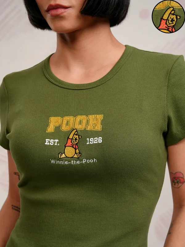 Disney By Tokyo Talkies Women Olive Winnie The Pooh Embroidered Round Neck T-Shirt