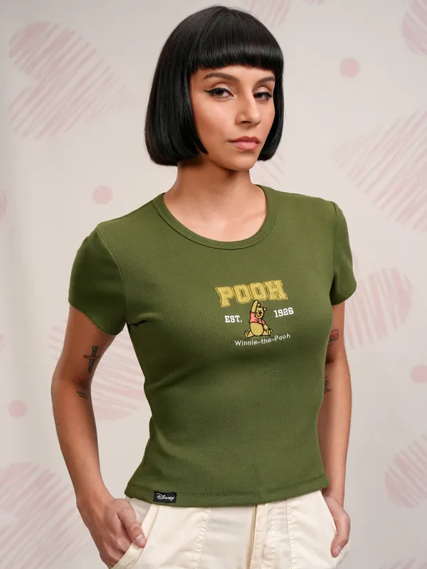 Disney By Tokyo Talkies Women Olive Winnie The Pooh Embroidered Round Neck T-Shirt