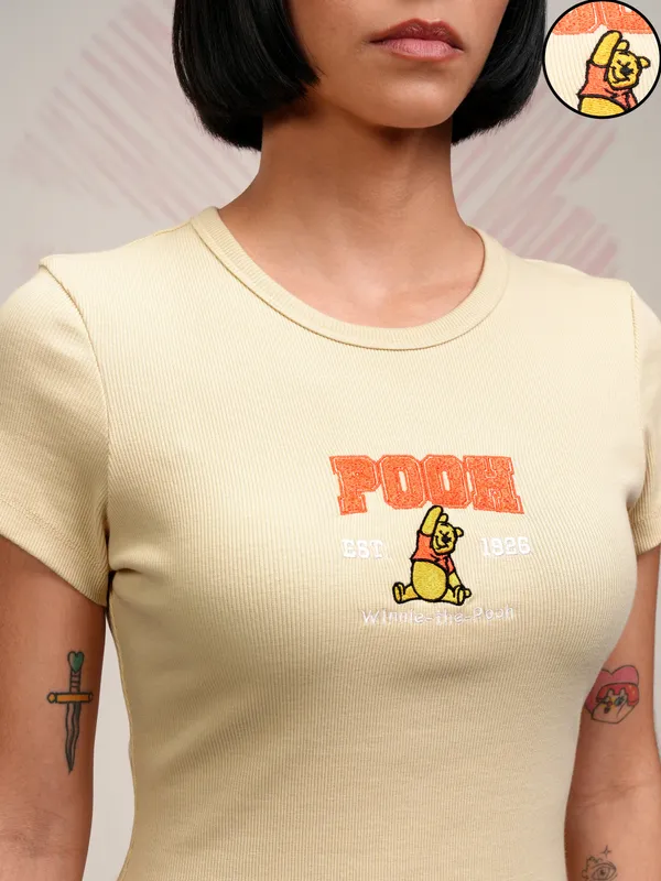 Disney By Tokyo Talkies Women Beige Winnie The Pooh Self Design Slim Fit T-Shirt
