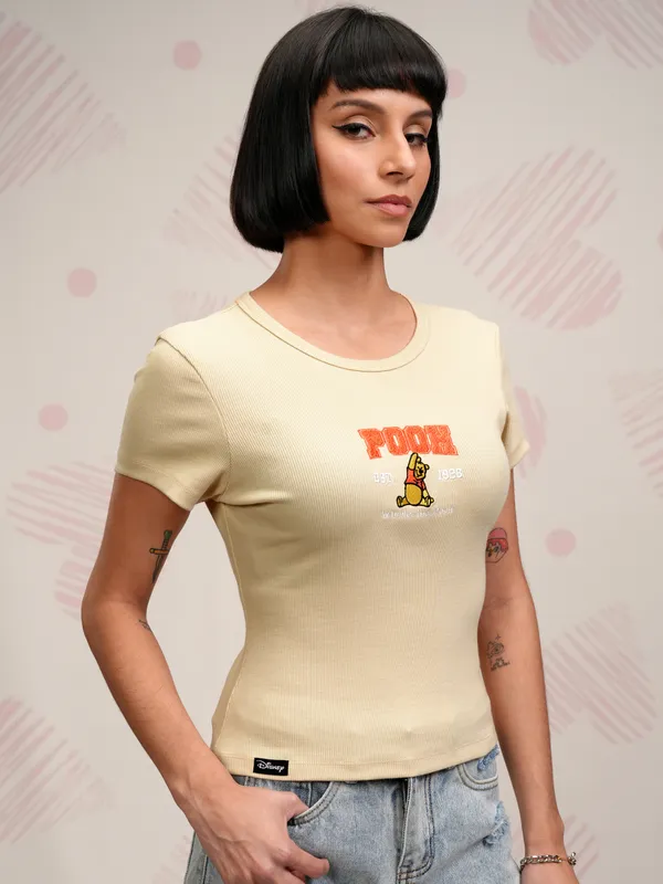 Disney By Tokyo Talkies Women Beige Winnie The Pooh Self Design Slim Fit T-Shirt