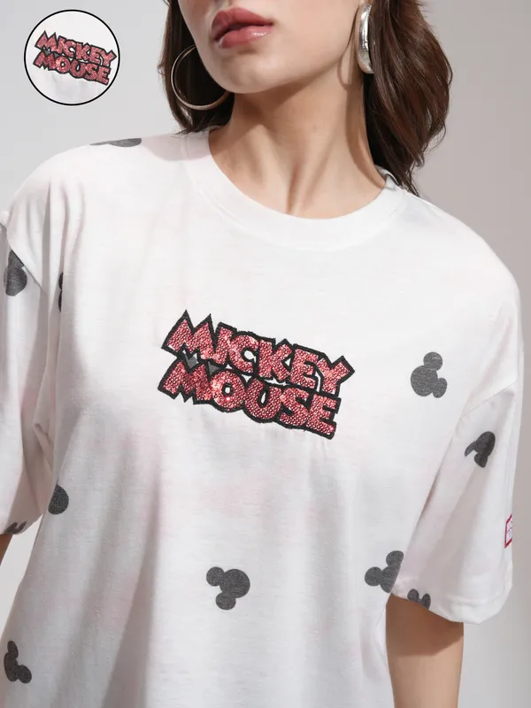 Disney By Tokyo Talkies Women Pink Mickey Mouse Printed Round Neck T-Shirt