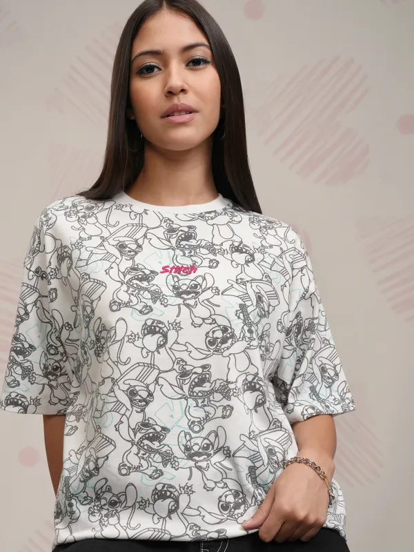 Disney By Tokyo Talkies Women White Stitch Printed Round Neck T-Shirt