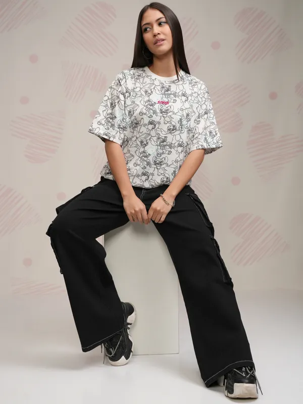 Disney By Tokyo Talkies Women White Stitch Printed Round Neck T-Shirt