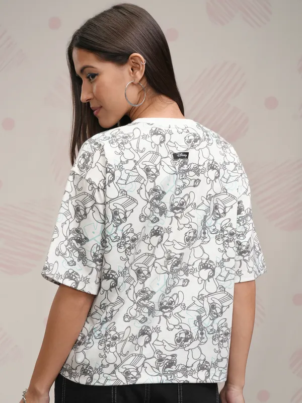 Disney By Tokyo Talkies Women White Stitch Printed Round Neck T-Shirt