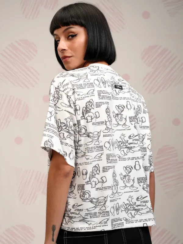 Disney By Tokyo Talkies Women White Donald Duck Printed Round Neck T-Shirt