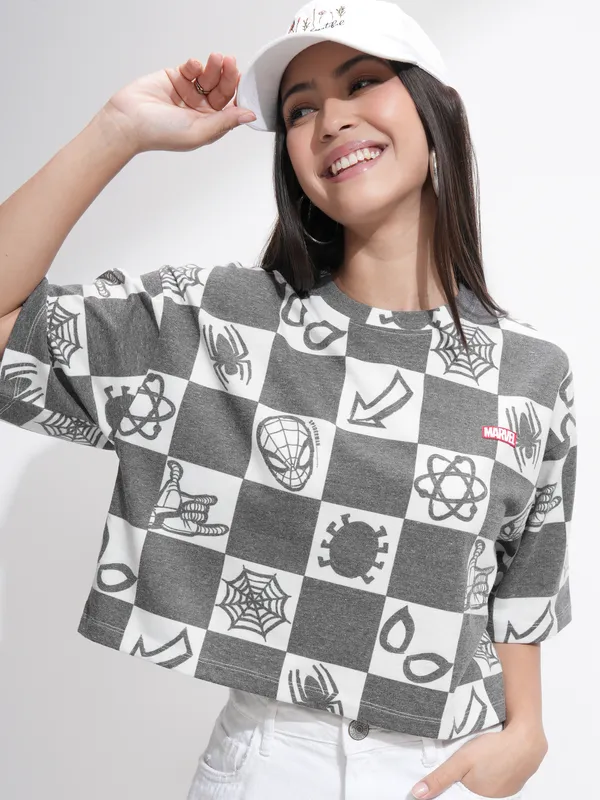 Marvel By Tokyo Talkies Women Black Spider-Man Printed Round Neck T-Shirt