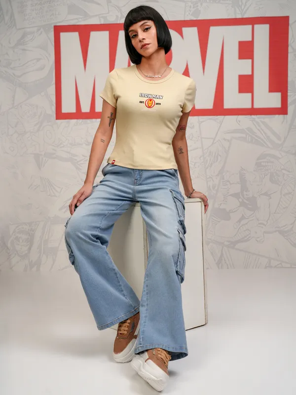 Marvel By Tokyo Talkies Women Beige Iron Man Embroidered Slim Fit T-Shirt