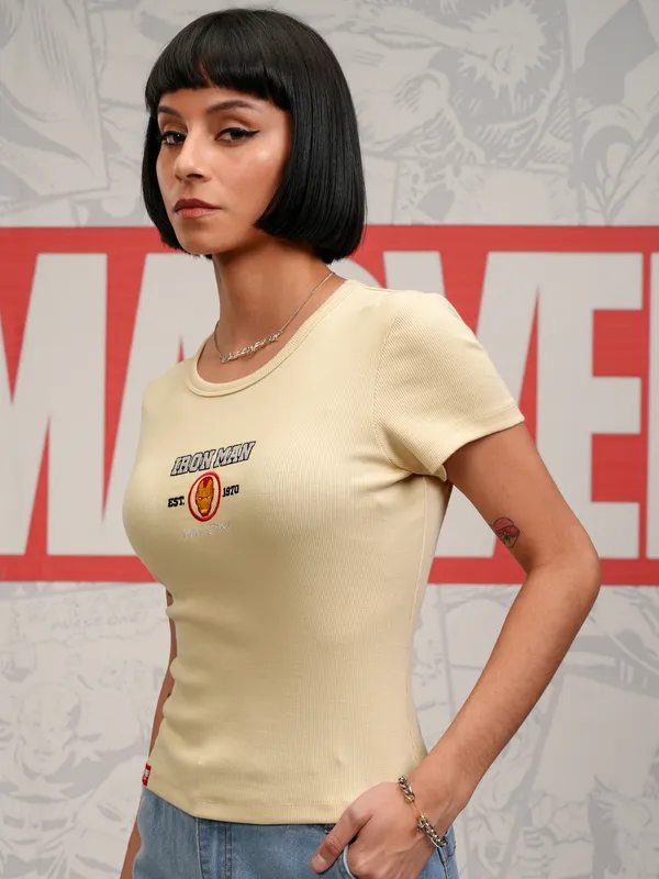 Marvel By Tokyo Talkies Women Beige Iron Man Embroidered Slim Fit T-Shirt