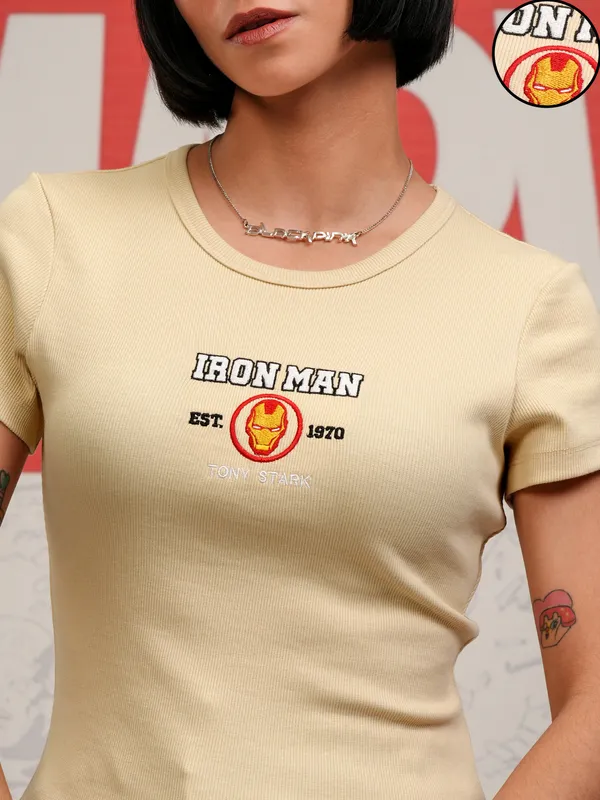 Marvel By Tokyo Talkies Women Beige Iron Man Embroidered Slim Fit T-Shirt