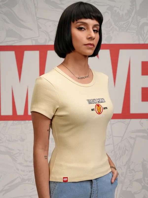 Marvel By Tokyo Talkies Women Beige Iron Man Embroidered Slim Fit T-Shirt