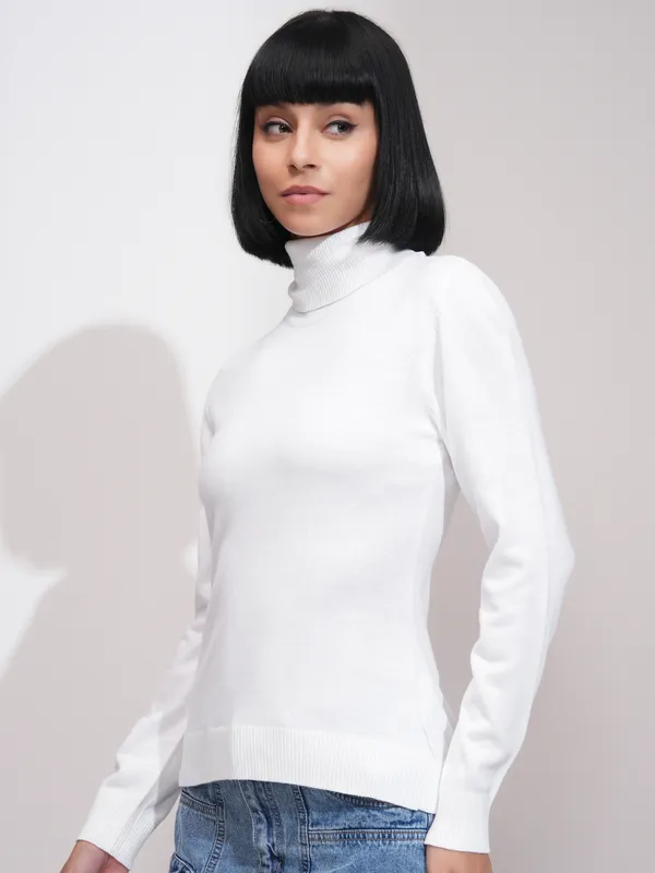  Tokyo Talkies Women Cream Turtle Neck Sweaters
