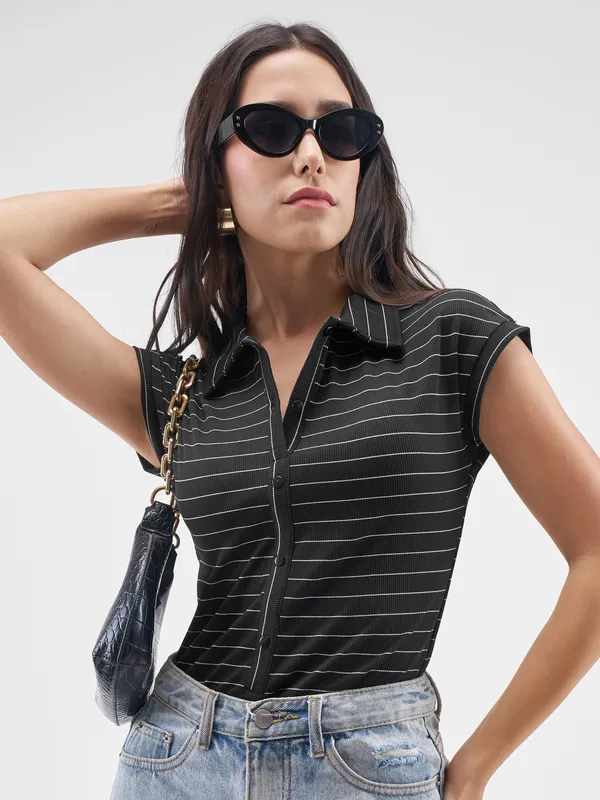 Tokyo Talkies Women Black Striped Fitted Bodysuit