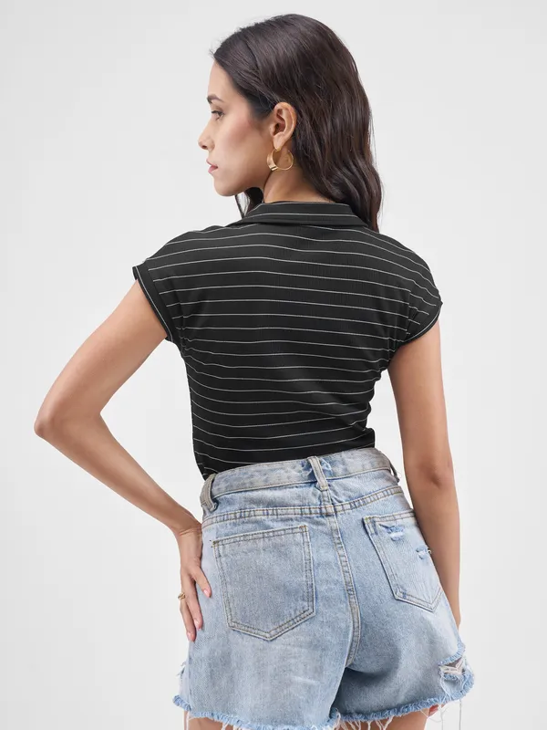 Tokyo Talkies Women Black Striped Fitted Bodysuit