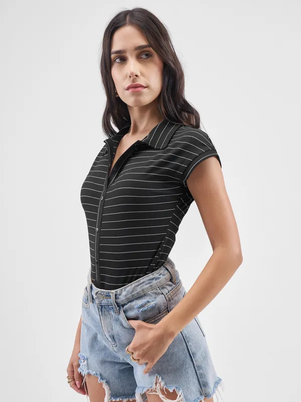 Tokyo Talkies Women Black Striped Fitted Bodysuit