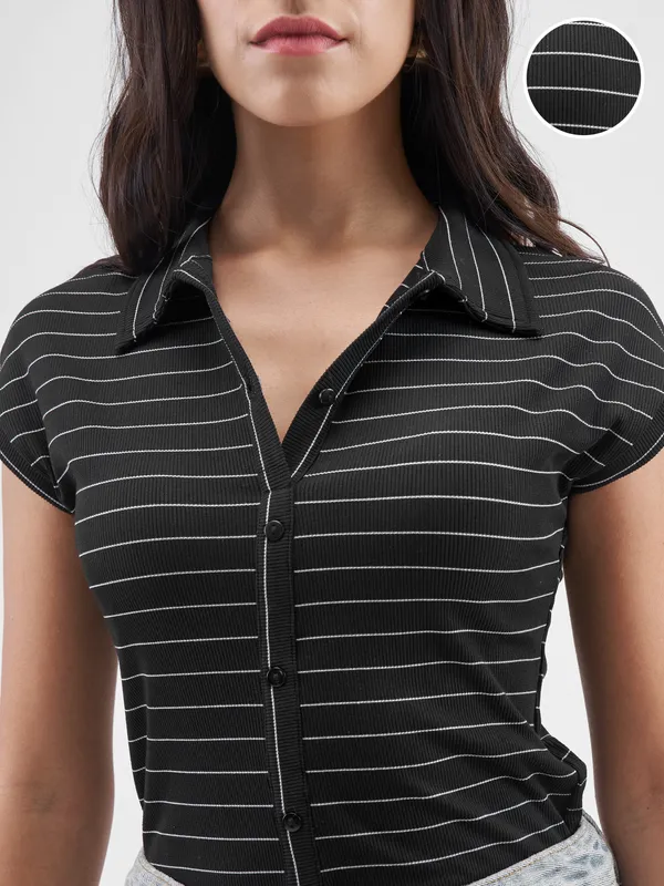 Tokyo Talkies Women Black Striped Fitted Bodysuit