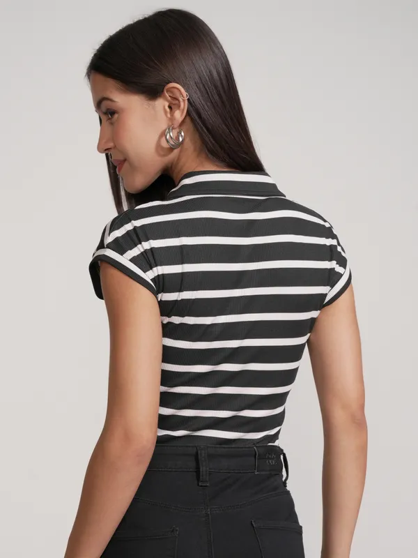 Tokyo Talkies Women Black Striped Fitted Bodysuit
