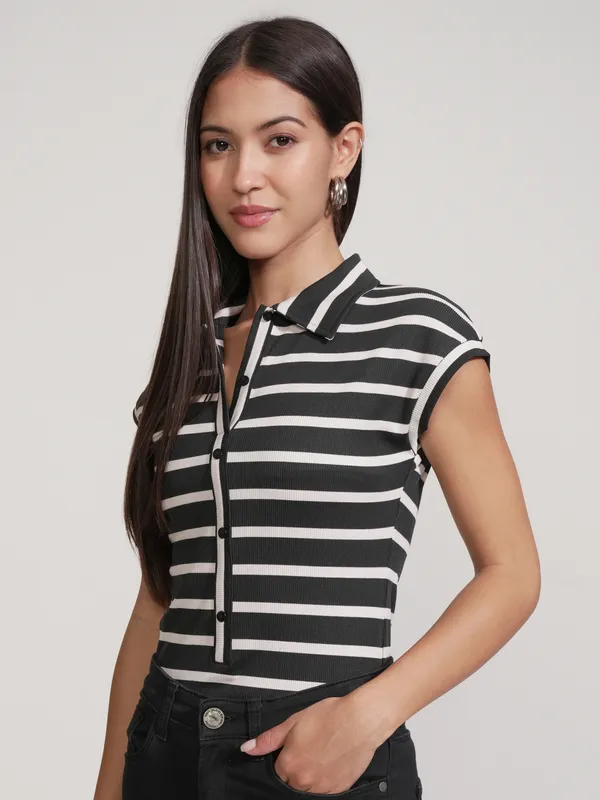 Tokyo Talkies Women Black Striped Fitted Bodysuit