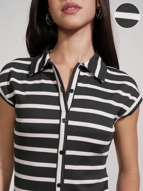 Tokyo Talkies Women Black Striped Fitted Bodysuit