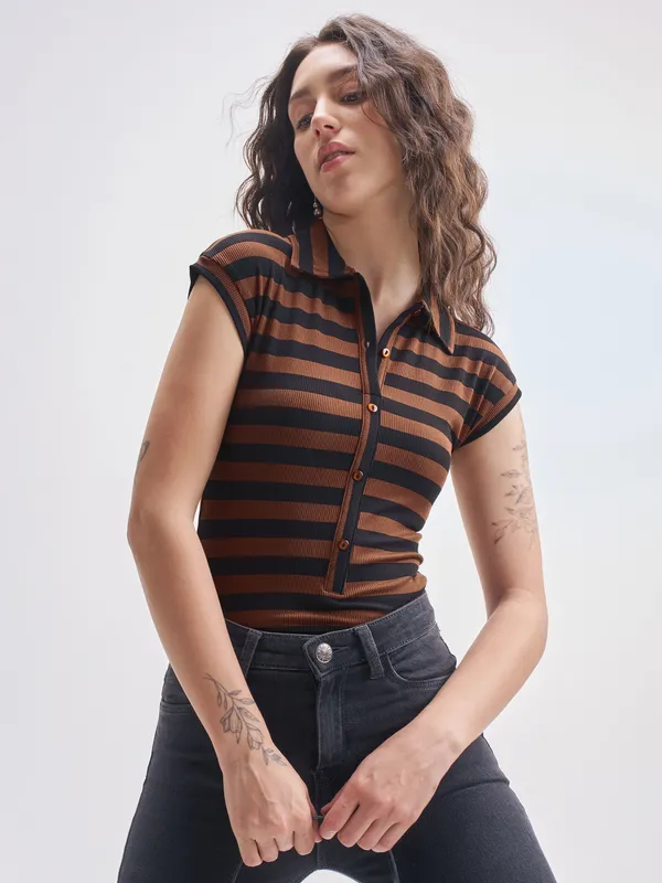 Tokyo Talkies Women Brown Striped Fitted Bodysuit