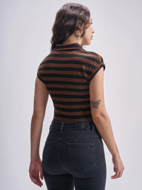 Tokyo Talkies Women Brown Striped Fitted Bodysuit