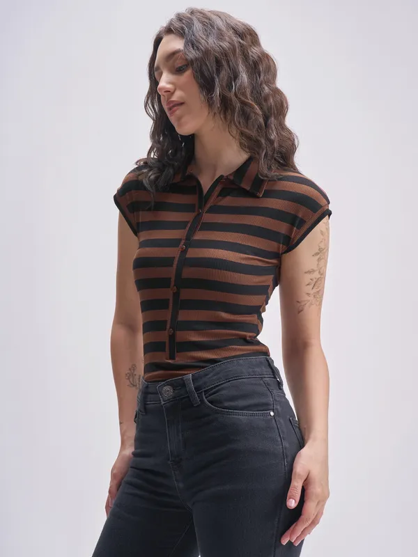 Tokyo Talkies Women Brown Striped Fitted Bodysuit