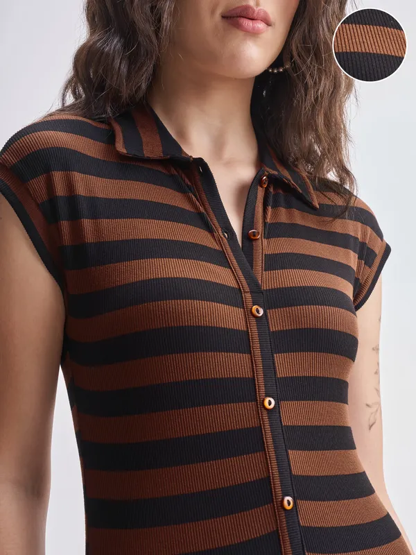 Tokyo Talkies Women Brown Striped Fitted Bodysuit