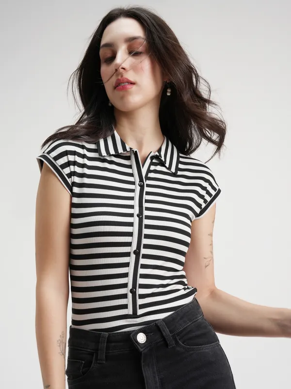 Tokyo Talkies Women Striped Black Fitted Bodysuit
