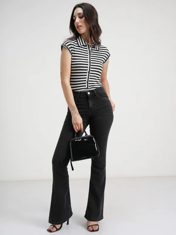 Tokyo Talkies Women Striped Black Fitted Bodysuit