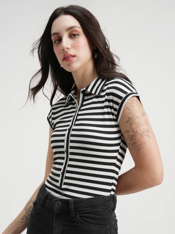 Tokyo Talkies Women Striped Black Fitted Bodysuit