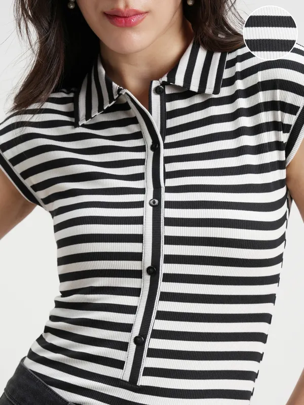 Tokyo Talkies Women Striped Black Fitted Bodysuit